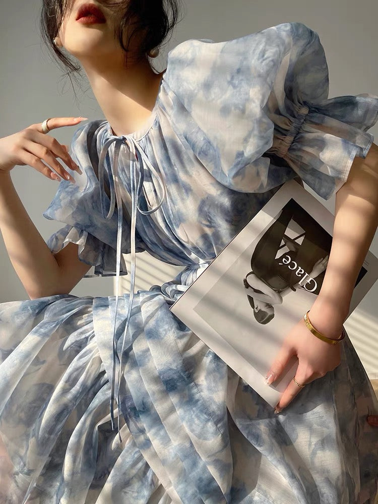 Aconiconi| Mulin girl French print niche design tea break loose holiday long dress