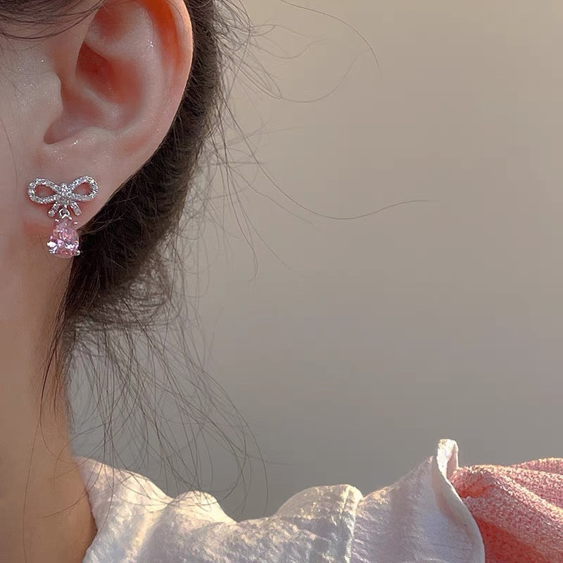 SUGAR sweet and cool pink zircon bow stud earrings ins simple design super flash love ear bone stud earrings female