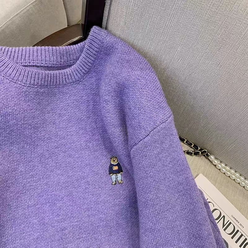 Purple Mid-Length Loose Soft Waxy Sweater Women's 2022 Early Autumn New Japanese Lazy Wind Bear Embroidered Knit Sweater