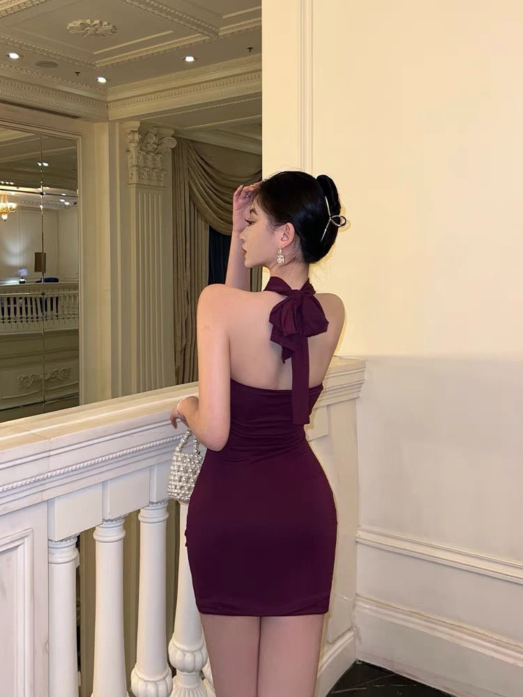 Hot girl purple halter dress female summer chic backless sexy high-end temperament straps waist bag hip skirt3258