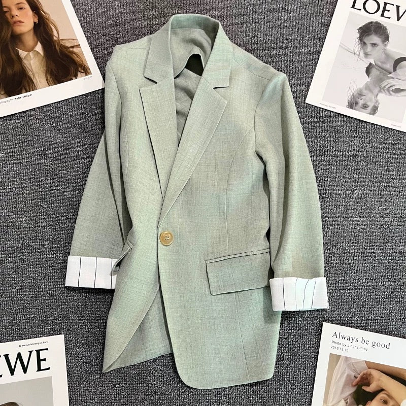 Light green thin suit jacket women's 2022 summer new cuff striped one button fashion all-match suit 1758