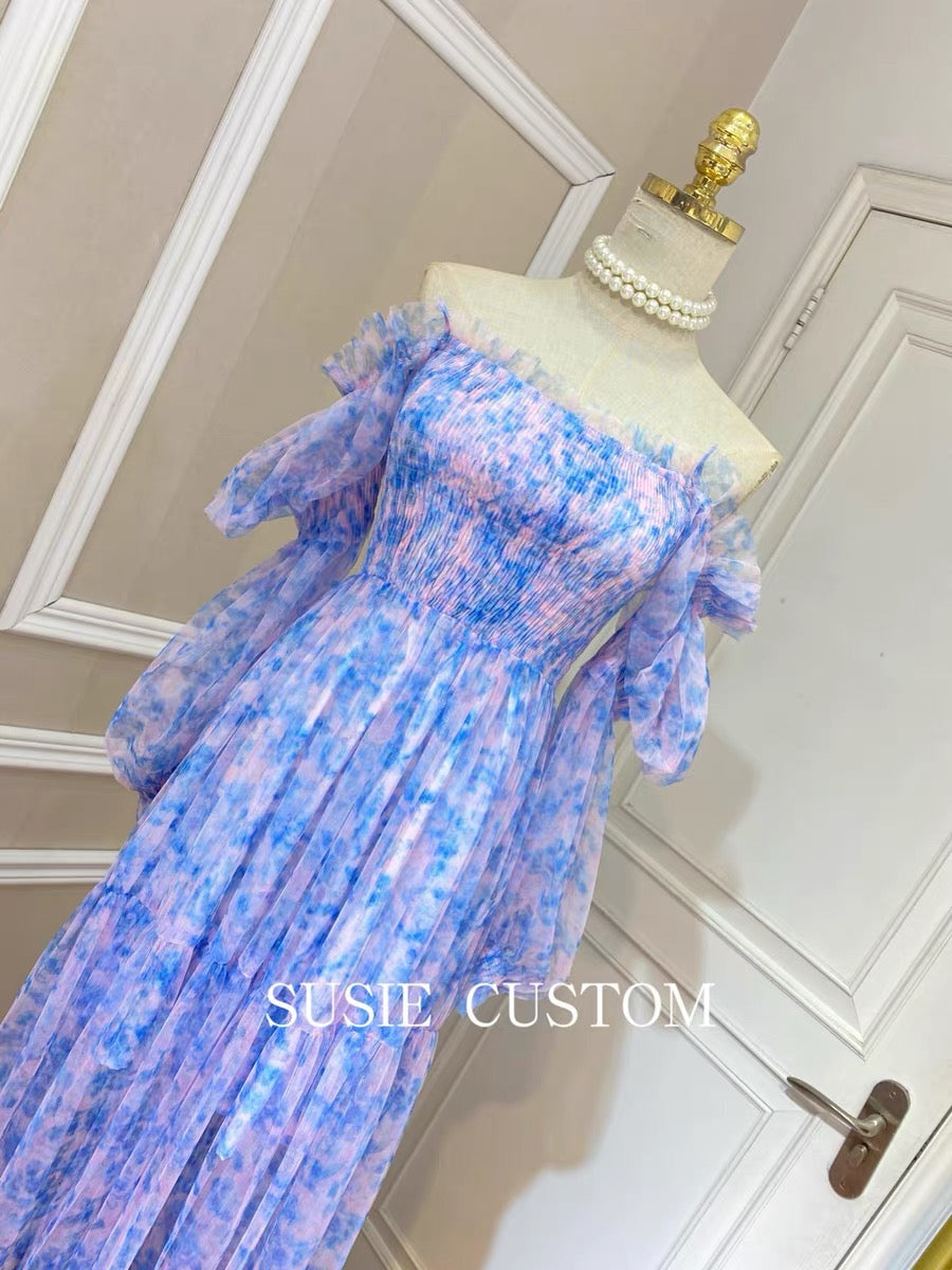 Custom Fairy Irregular Gradient Tie-Dye Pattern Elastic Fungus Edge One-word Neck Off-the-Shoulder Mesh Long Skirt