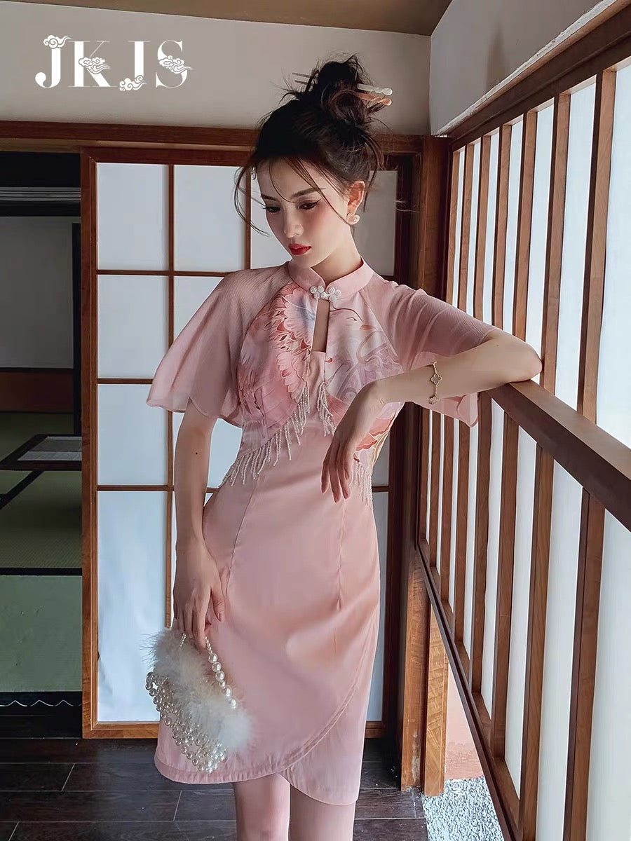 Cheongsam women's summer 2022 new young girl style daily Chinese style women's improved version pink dress 1518