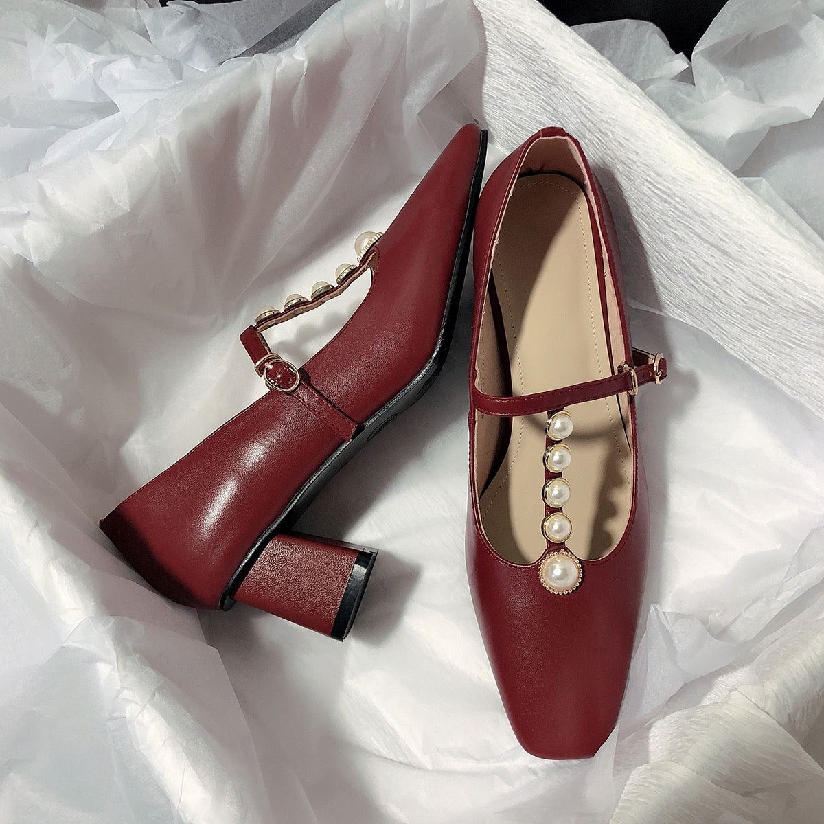 Senyu Haixiang 2023 new leather high-heeled literary T-shaped shoes retro pearl Korean version sweet all-match single shoes