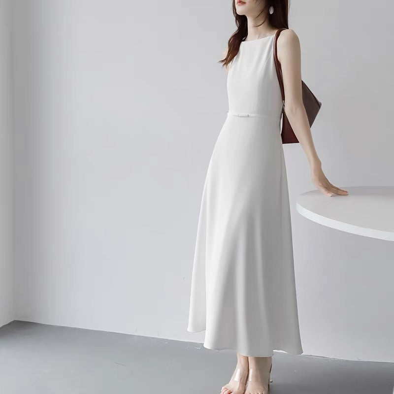 MZOMXO French elegant one word collar sleeveless dress female small summer suspenders temperament commuter red dress