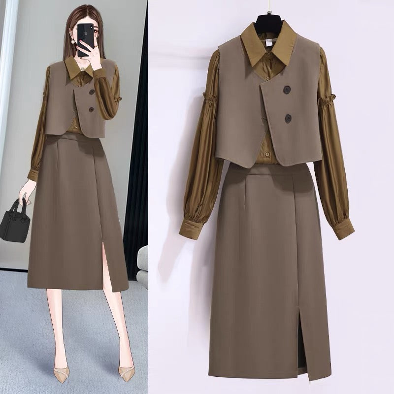 High-quality autumn clothes three-piece suit temperament goddess fan skirt autumn vest dress French bellflower two-piece suit