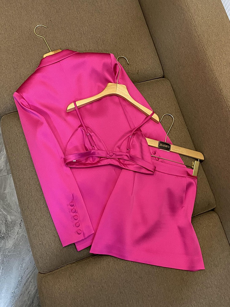 2023 European and American stars new bright satin double-breasted loose suit suspenders short skirt suit three-piece suit 6785