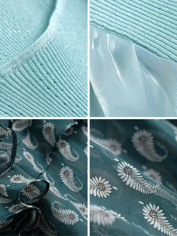 miuco French lantern sleeve top + irregular ruffled printed skirt suit female 2021 summer new