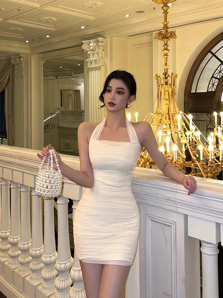 Sexy halter neck suspender dress female summer mesh stitching design sense niche sweet and spicy fried street slim bag hip 5649