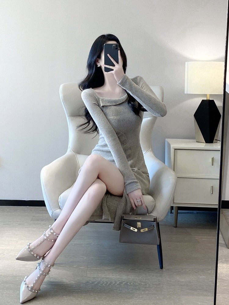 Knitted dress autumn and winter women's 2023 new temperament celebrity self-cultivation pure desire style design sense mid-length bottoming skirt