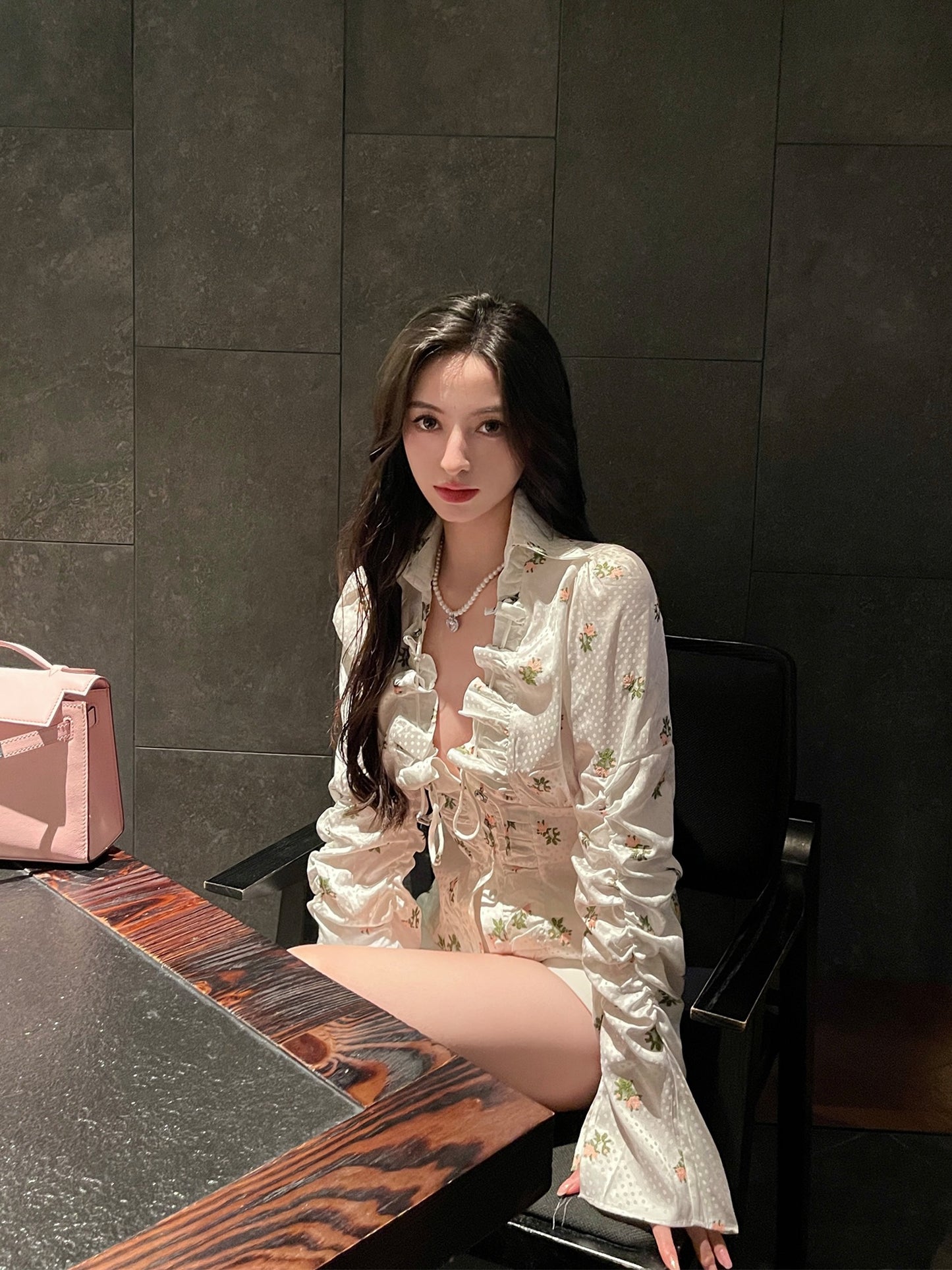 For Fay white embroidered flower shirt female autumn drawstring pleated slim-fit V-neck ruffled long-sleeved shirt