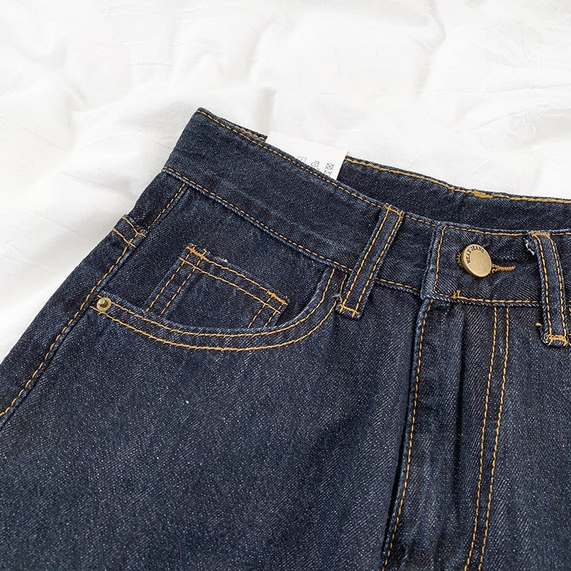 RENA daily all-match topstitching design high waist washed dark blue loose straight jeans that look thin and can be rolled
