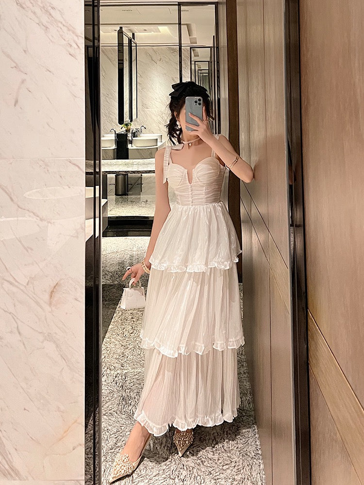 BETTER LS celebrity temperament white sling dress women's summer high-quality French dress cake dress skirt