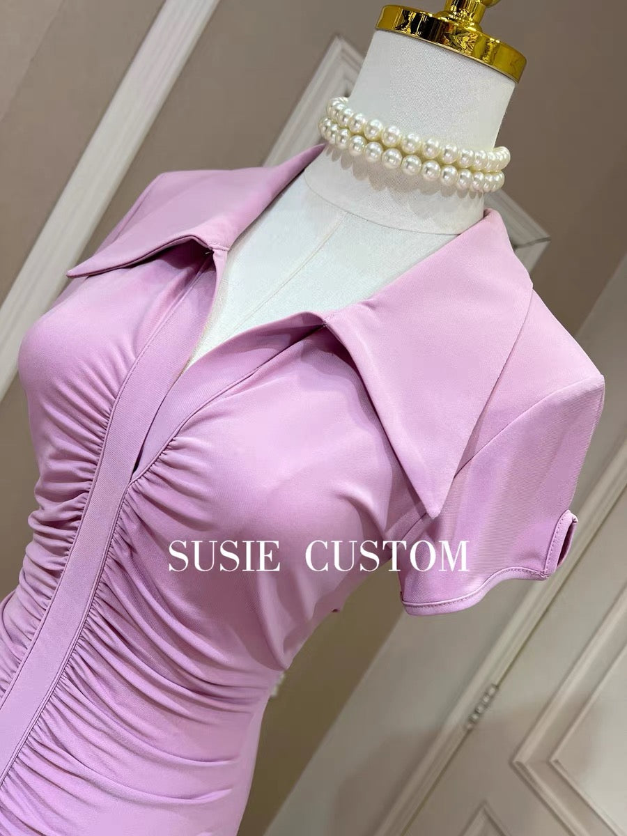 Temperament Model Showing Figure Lapel V-neck Hollow Sleeves Pleated Elastic Slim Fit Waist Slit Long Skirt Dress