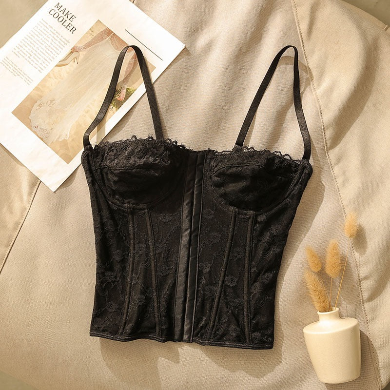 Sexy beautiful back cross camisole women's inner fishbone lace corset slim design short bottoming top