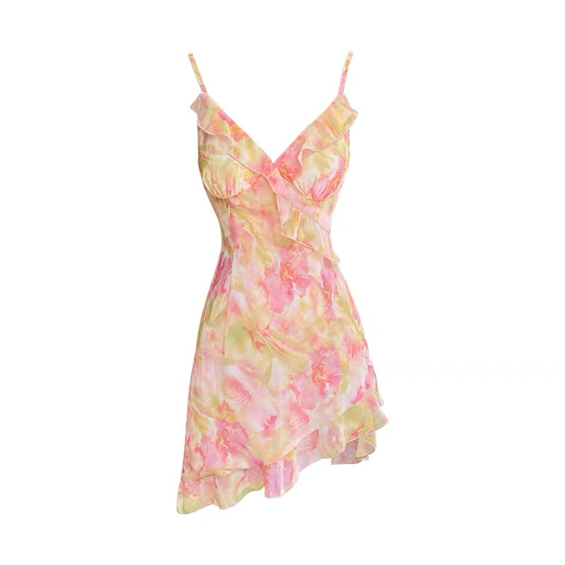 DoggyQin Broken Gold Rose/2022 Spring/Summer French Romantic Sexy Print Short Skirt Sling Slit Dress