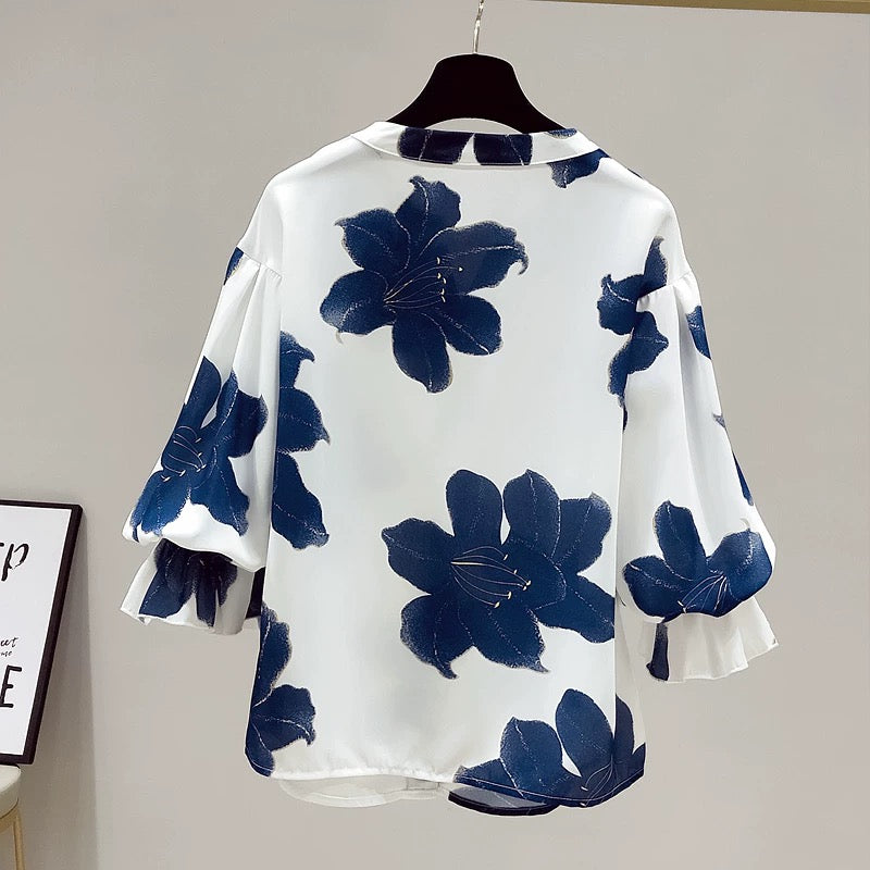Cut label counters withdraw foreign trade summer chiffon shirt women's three-quarter sleeves loose cover belly floral shirt