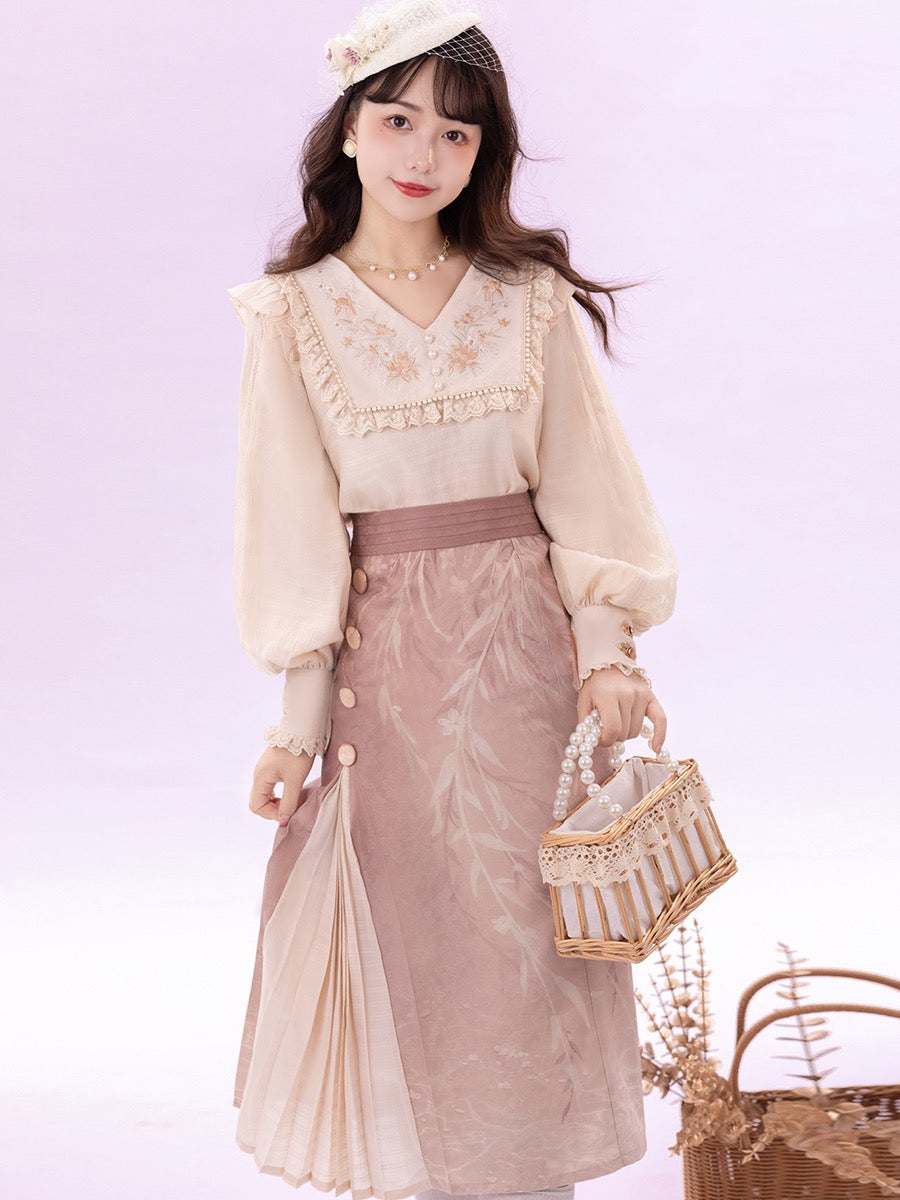 Tianshuici original Hanfu women's improved daily Han elements spring and autumn retro Chinese style top half skirt two-piece suit
