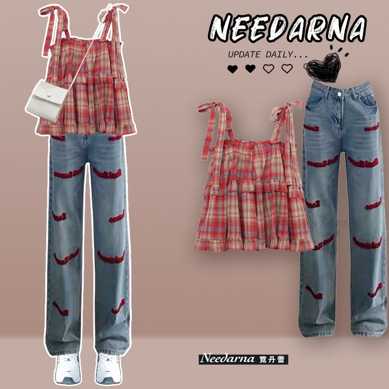 Sweet Spice Girls high-end plaid outerwear suspender suit 2023 summer new American style high-waisted wide-leg pants two-piece set