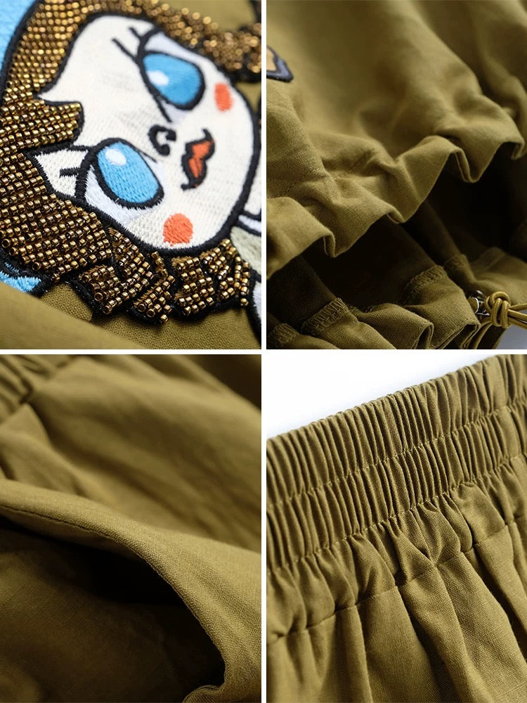 miuco cartoon girl patch embroidery hooded loose top + wide leg shorts suit female 2022 Xia Xin