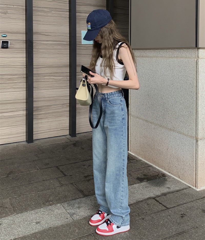 Retro straight jeans women's spring and autumn Hong Kong style all-match high waist slimming loose high mopping wide-leg pants trousers