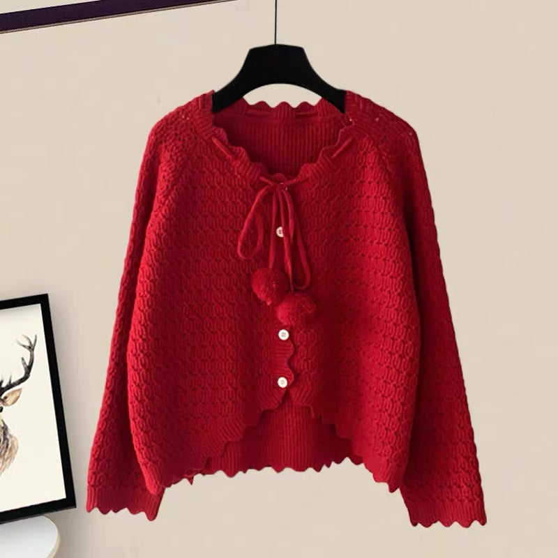Autumn New Year red knitted sweater mesh skirt dress suit 2022 new women's two-piece Western style