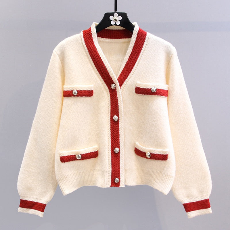 Xiaoxiangfeng Contrasting Color V-neck Knitted Cardigan Suit Women's Spring 2023 New Fashion Western-style Skirt Two-piece Set