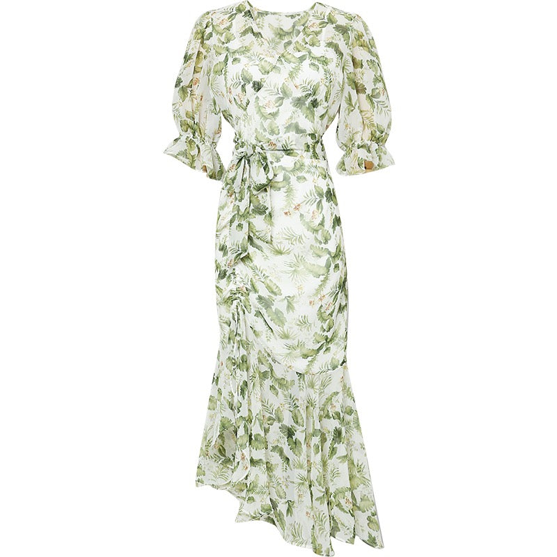 2023 new summer women's temperament French chiffon long skirt with puff sleeves waist slimming printed dress