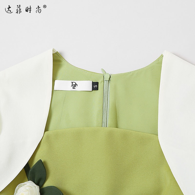 Spring women's clothing 2023 new temperament contrast color trumpet sleeves slim waist slim dress long skirt bag hip skirt