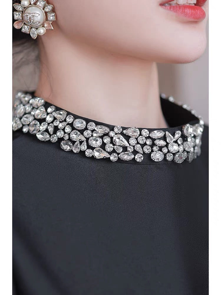 Temperament Western-style dress female summer 2022 new French ladies high-end sense light luxury heavy work diamond-studded waist skirt