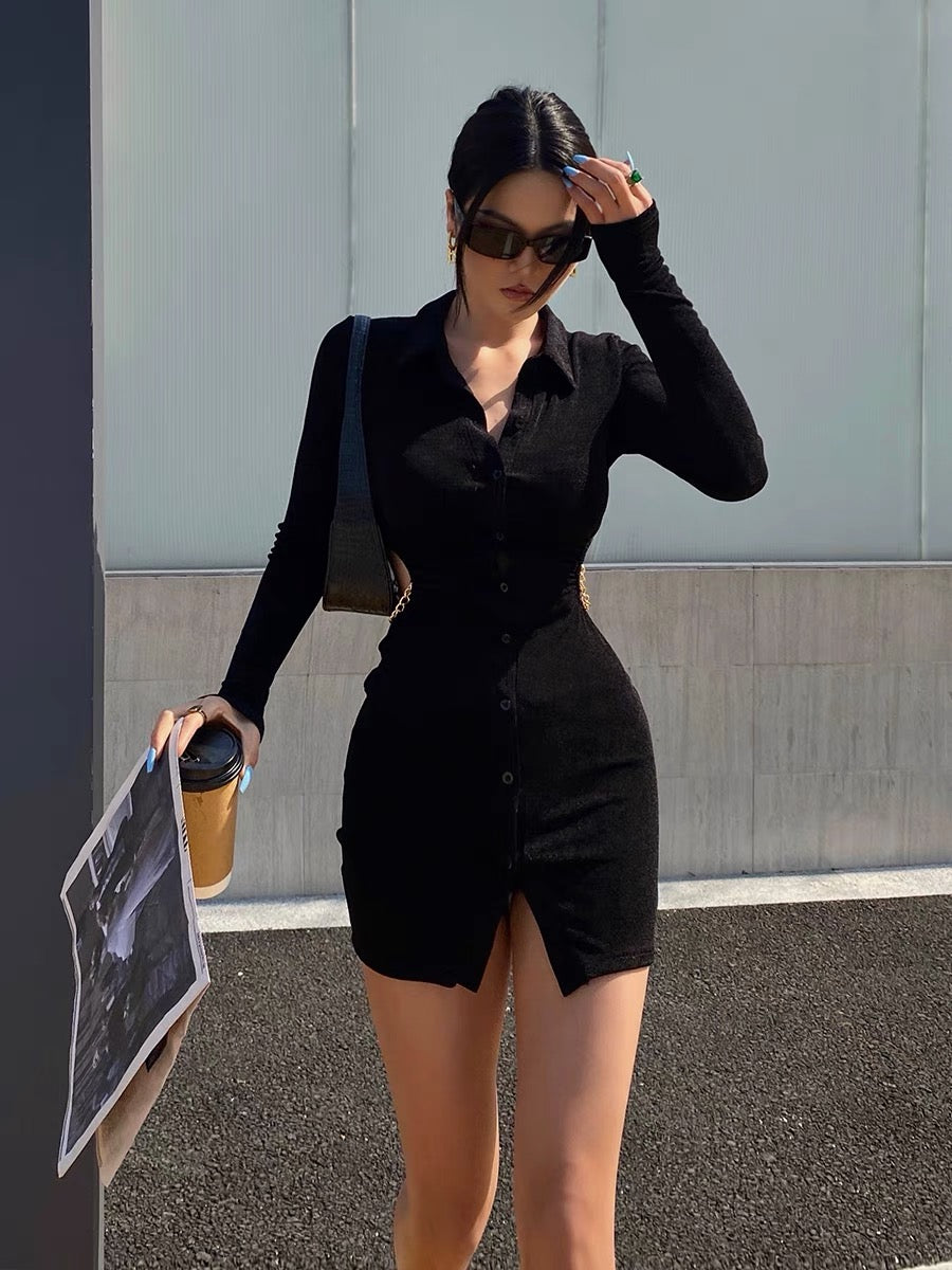 Jingya Pure Desire Lapel Dress Women's 2022 Summer New Slim Fit Tight Waist Long Sleeve Short Skirt