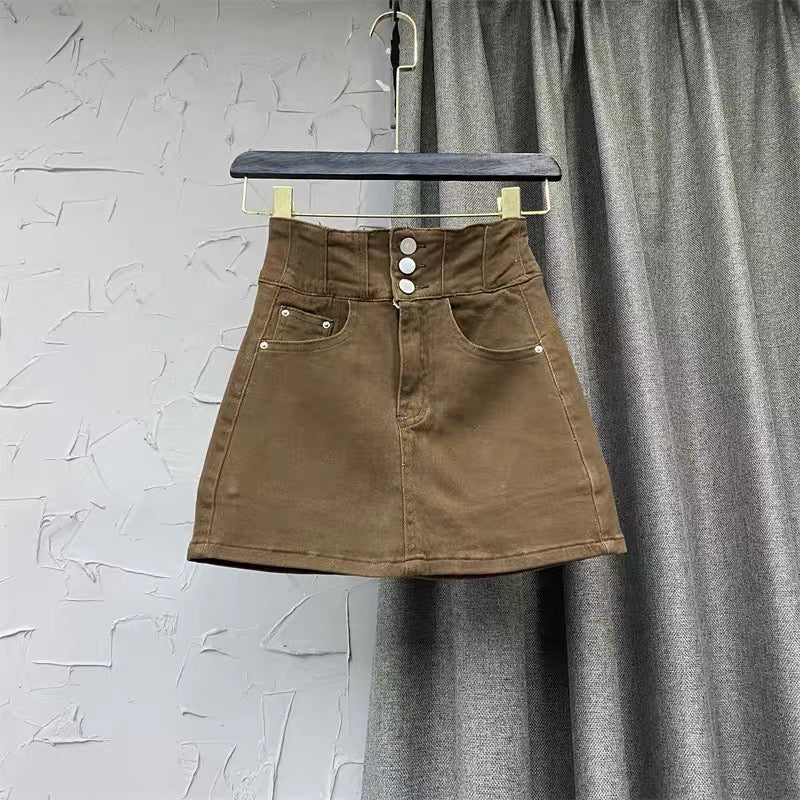 W113 Korean version of women's clothing 2022 early autumn new slim fit and slim package hip A-line culottes single-breasted high-waist denim skirt