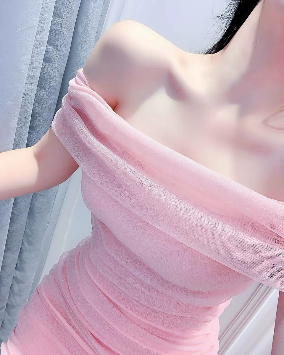 Pink one-shoulder net red slim-fit leak-shoulder dress
