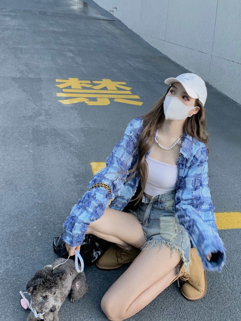 Retro chic blue plaid tassel long-sleeved shirt women's spring 2023 new mid-length loose top ins
