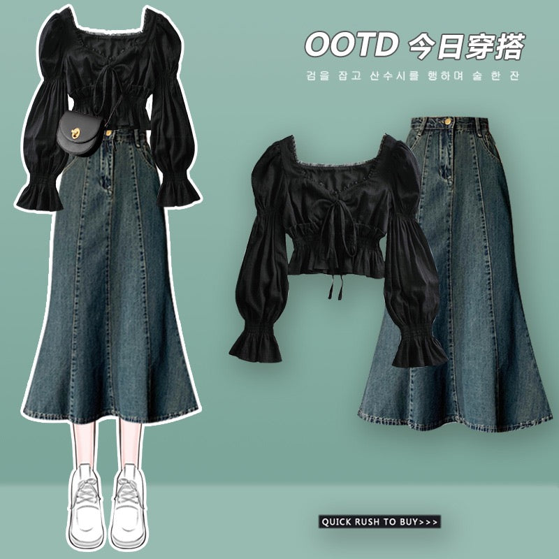 Spring and autumn denim fishtail bag hip dress suit 2023 new French puff sleeve chic short shirt two pieces