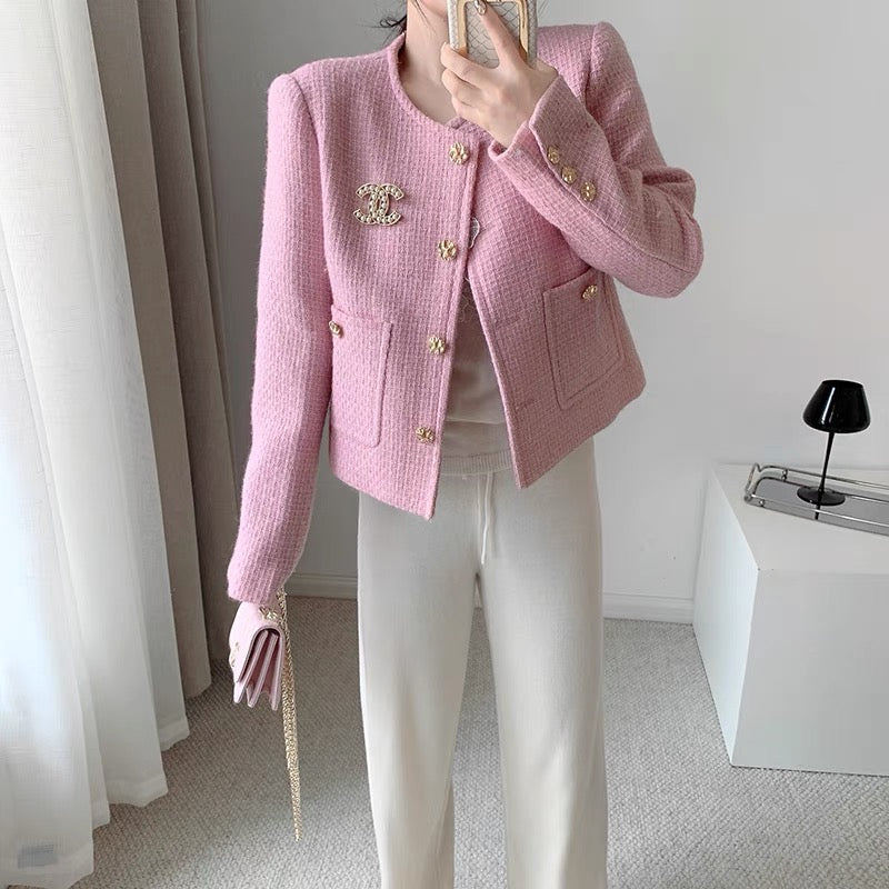 CHICROOM pink small fragrance coat women's spring and autumn temperament ladies loose wool short small top