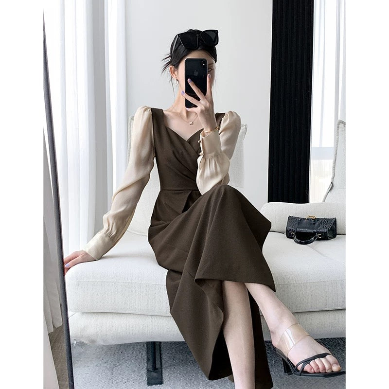 FT GUOGE square neck dress women's 2022 autumn new long-sleeved high-end French retro side slit long skirt 1595