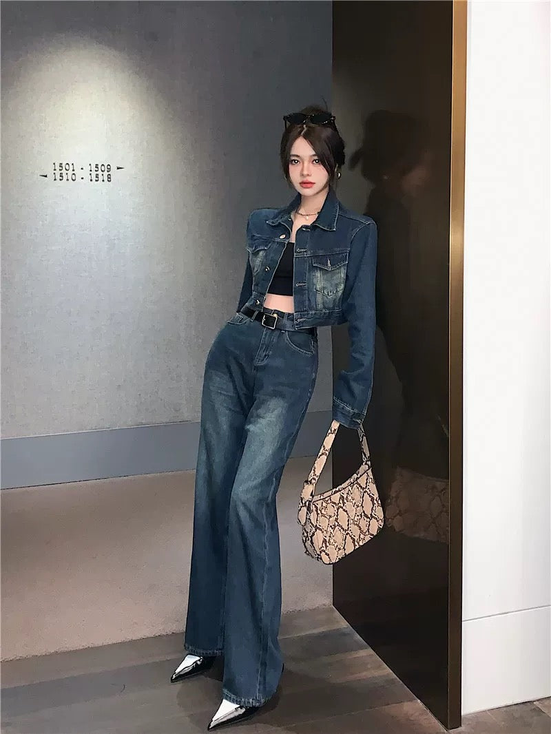 Hong Kong style retro long-sleeved denim jacket women's autumn 2022 new lapel small loose short cardigan jacket