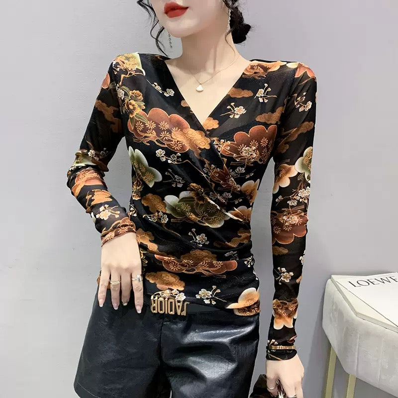 Sexy cross V-neck flower color printing mesh T-shirt women's European station autumn dress temperament is thin and foreign-style bottoming top trendy