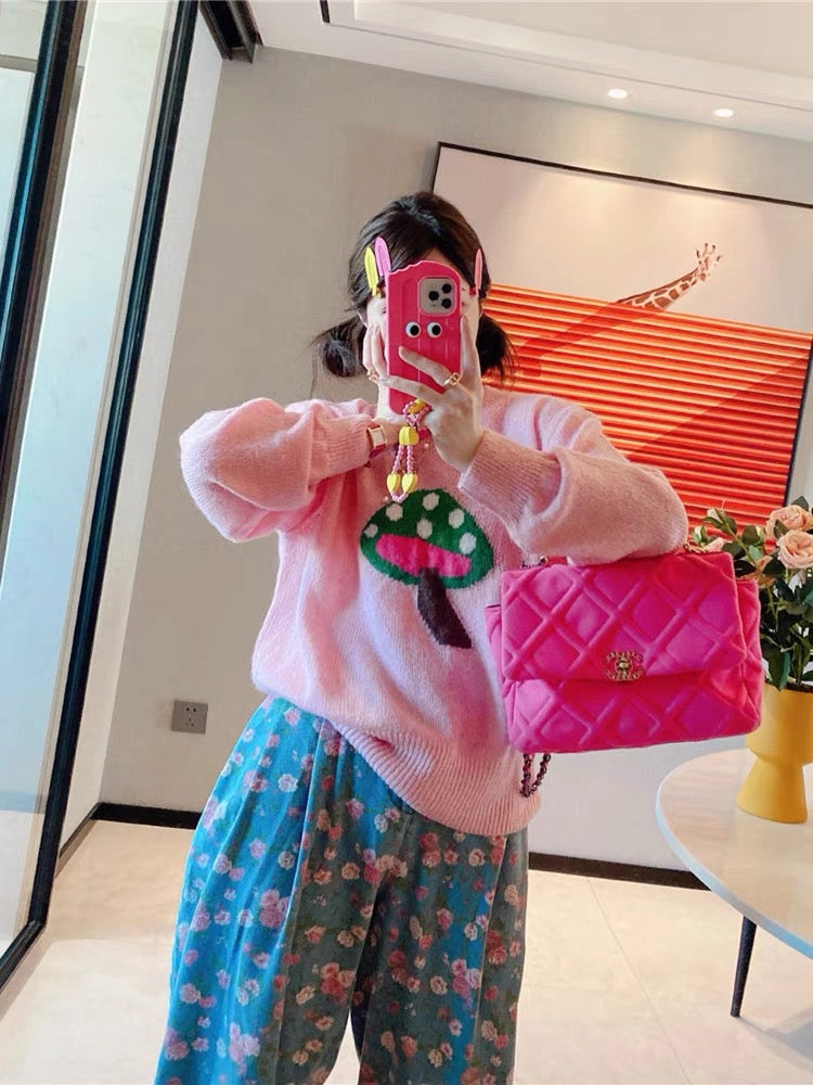 JENNIFER JXLIU Korea autumn and winter A cute mushroom ^ pink mohair knitted sweater