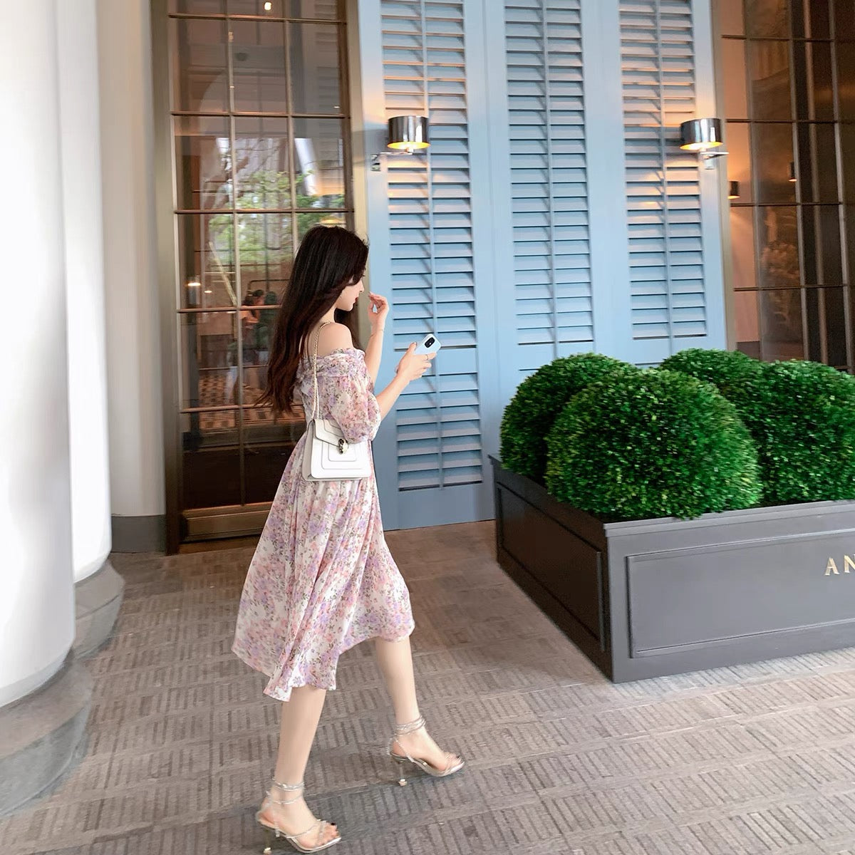ByYou summer new sexy one-shoulder floral dress women's waist and slim mid-length puff sleeve skirt 1156