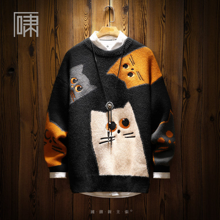 Winter Tide Brand National Tide Design Sense Cartoon Cat Sweater Male Japanese Retro