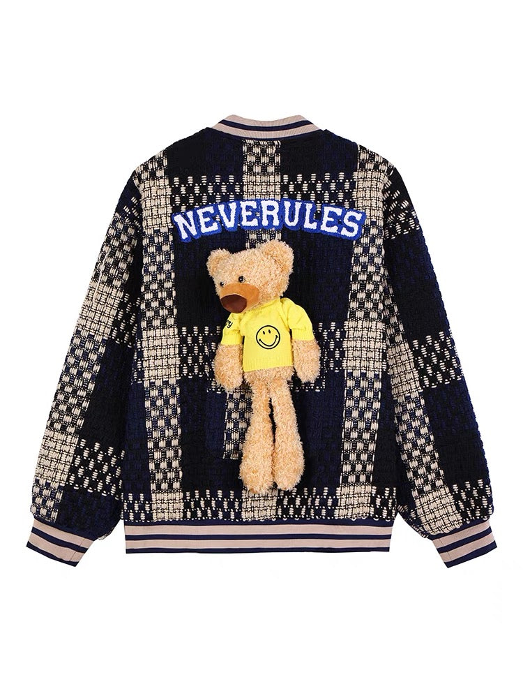 Xiaoxiangfeng baseball jacket women's autumn and winter loose American tide brand design sense plaid bear jacket oversize