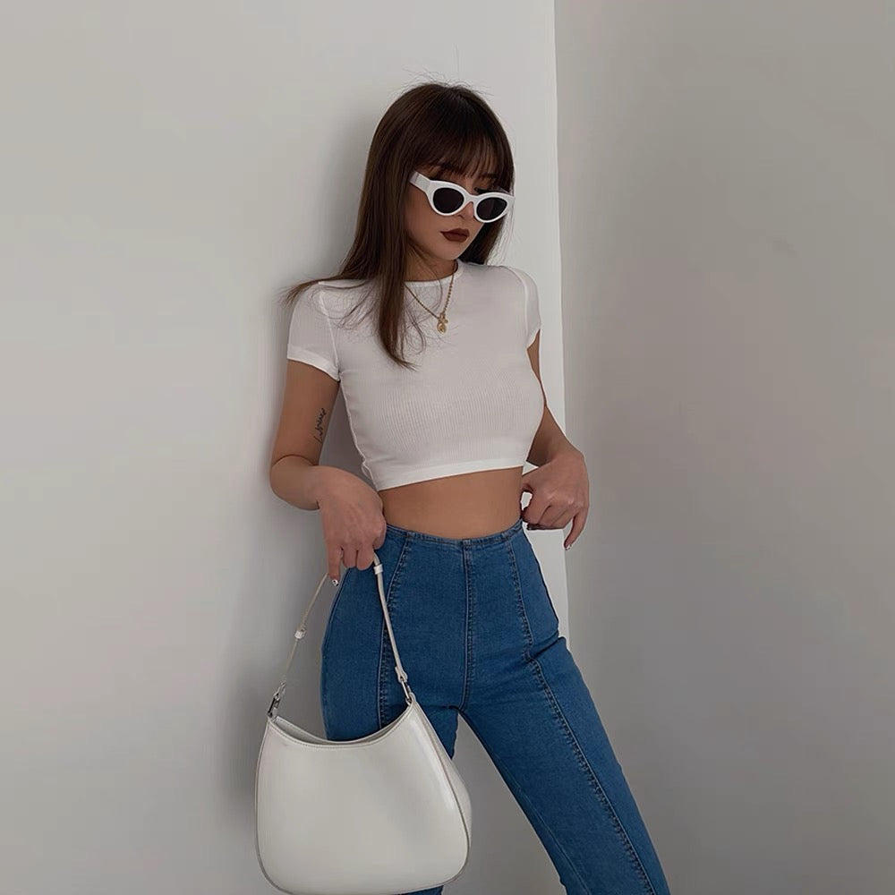 ins giant sexy sapphire blue straps big leaky back high waist short sleeve T-shirt with great elasticity and thin outer wear bottoming hot girl top