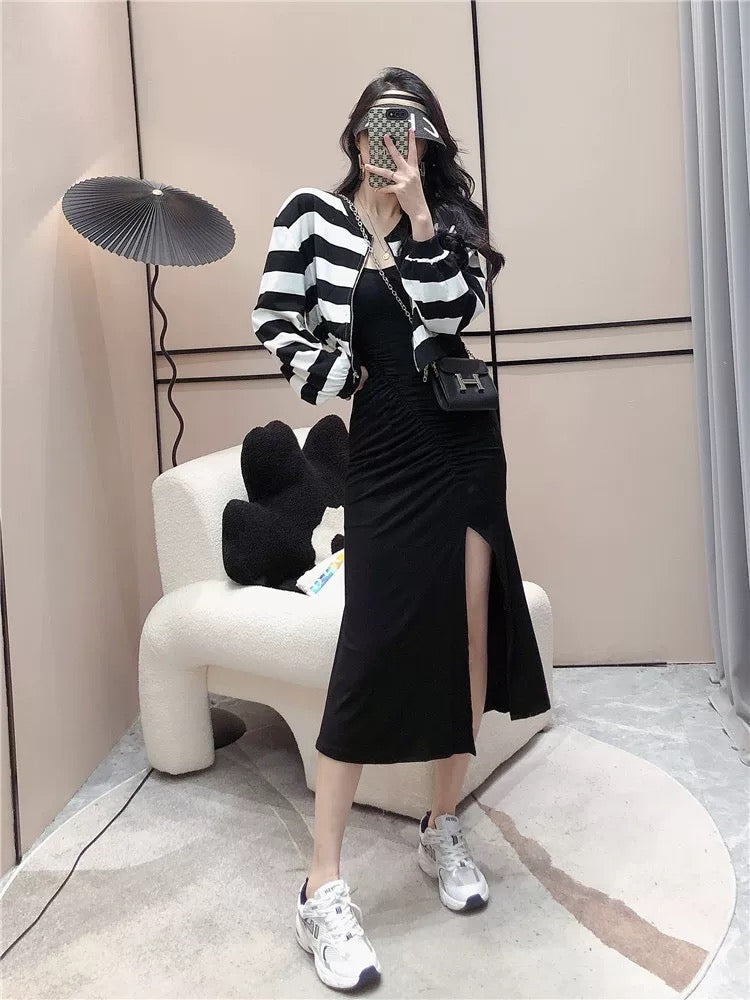 2022 autumn and winter new Hong Kong style striped baseball uniform jacket + high waist slit suspender dress two-piece women