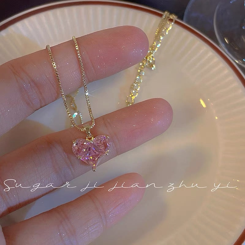 SUGAR ins pink love zircon necklace accessories women's light luxury niche design high-end super fairy clavicle chain
