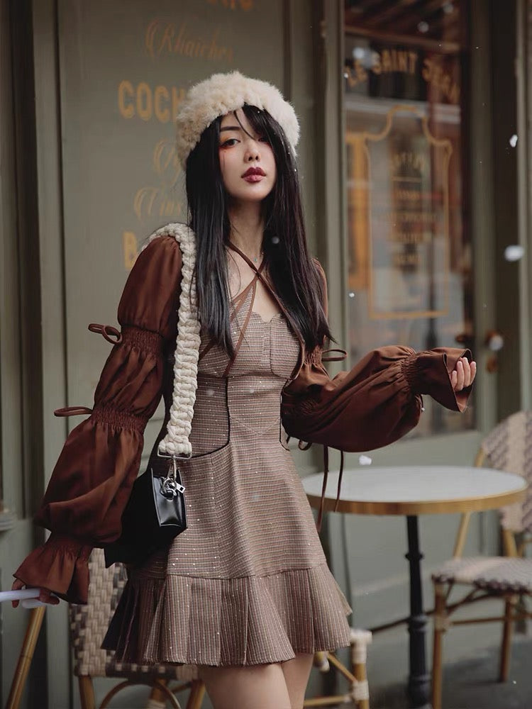 JZ artisan "sugar fried chestnuts" early autumn dress women's 2022 new French niche chic design skirt 1008