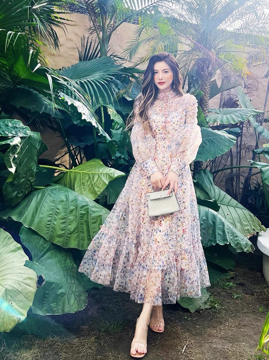 Romantic palace style beautiful fairy floral dress spring and summer temperament super fairy 2022 new women's long-sleeved dress 1417