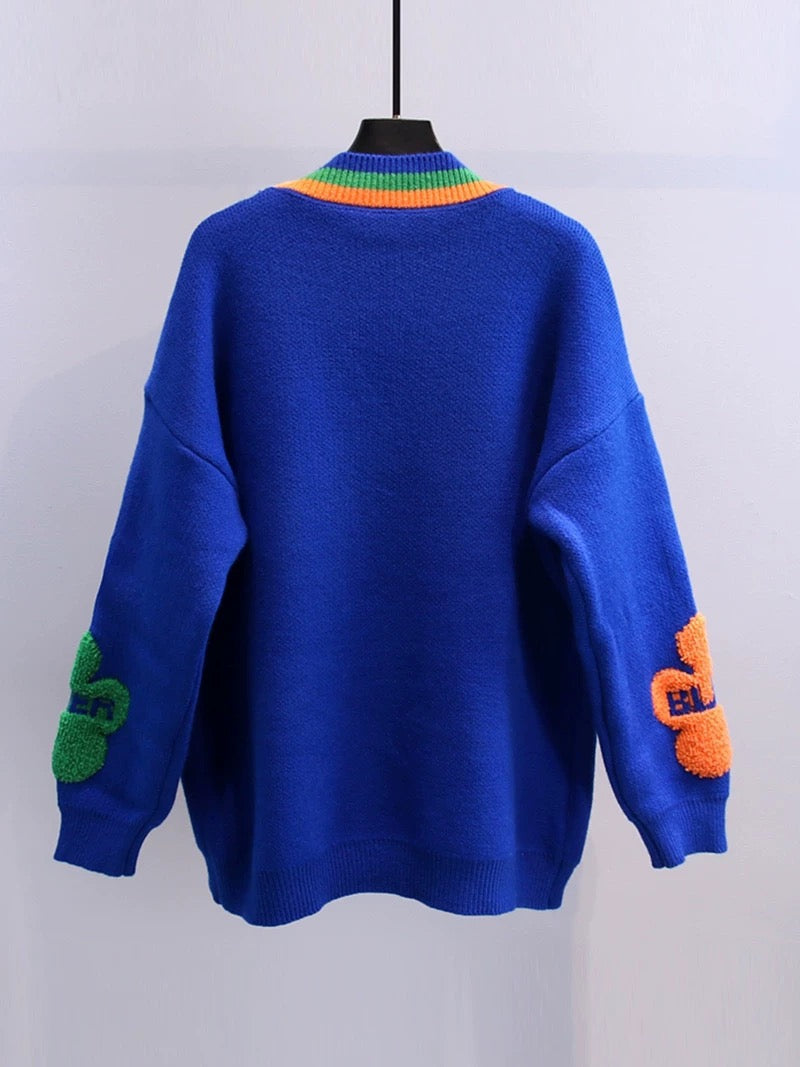 Klein blue contrast color small flower sweater coat women's 2022 spring new loose and lazy style knitted cardigan