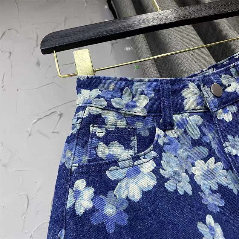 Blue flower denim short skirt women's 2022 new summer dress half skirt anti-glare bag hip A-line skirt skirt Q116